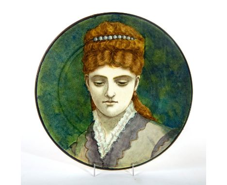 Ceramic; hand painted portrait scene of a woman on a mottled green-blue ground. Artist's monogram on piece. Doulton and Co. L