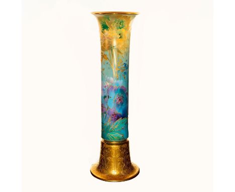 Cylindrical form with floral hand painted gilded decoration; flared rim; pastel coloration. Signed. Exquisite piece with intr