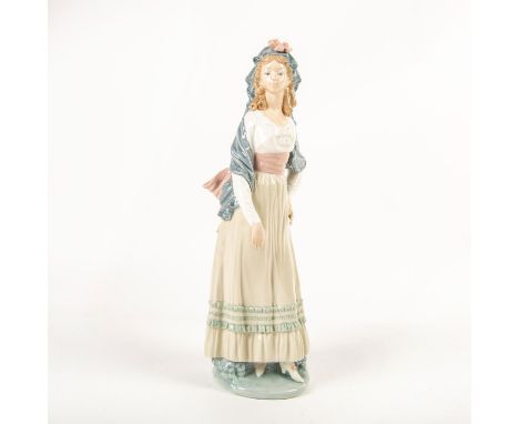 Glossy porcelain figure; Woman in light colored pastel dress. Artist: Vincente MartinezIssued: 1980-1989Dimensions: 12.5"HMan