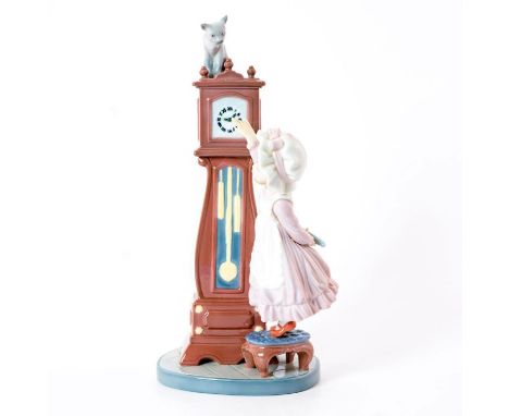 Glazed; Young girl with duster in hand. Big clock and cat. With original box. Artist: Vincente MartinezIssued: 1986-1998Dimen