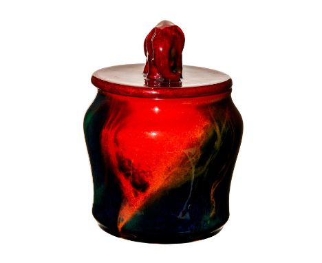 Red, blue and green mottled ground; lid with elephant finial. Signed FM. Doulton backstamp. Issued: c. 1920sDimensions: 6.5"H