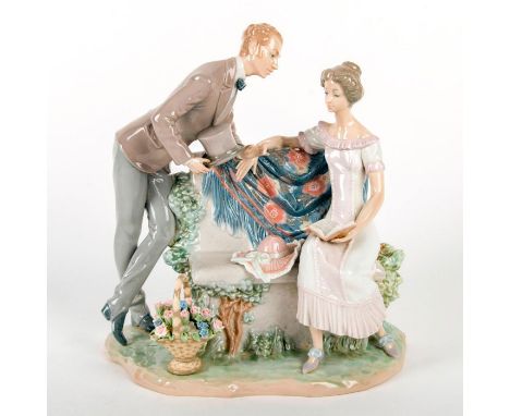 Glazed; Man and woman; bench and flower basket. With original box. Lladro backstamp Artist: Salvador FurioIssued: 1987-1994Di