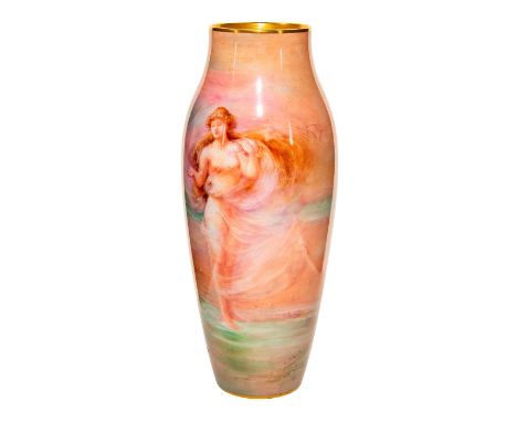 Hand decorated; paste coloration. Depicts a goddess on the beach surrounded by seashells. Finely painted serene scene with li