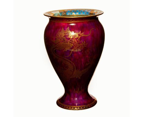 Bulbous body; flared rim. Celestial dragon and flaming pearls on ruby ground. Extensive gilding on dragon and borders. Interi