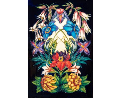 Limited Edition. Colorful, tubelined floral designs; single tile panel in oak frame. Impressed green Moorcroft marking. Artis