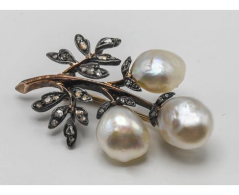 A pearl and diamond spray brooch, length approx 38mm.