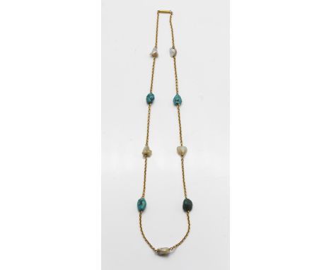 A gold turquoise and pearl set necklace (not hallmarked), overall length approx 47cm.