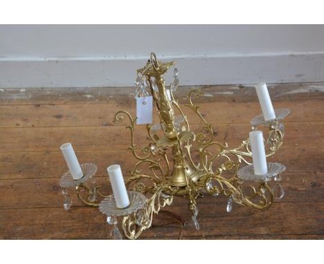 A period style gilt-metal and moulded glass five light chandelier. Excluding chain 40cm