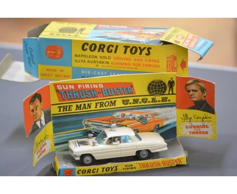 Corgi Toys 497, The Man from Uncle, Gun Firing Thrush-Buster, in white, with inner card display stand and original box.