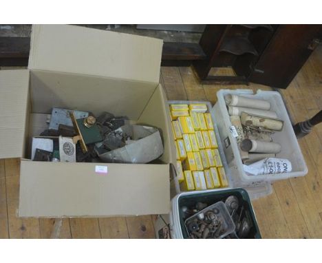 Three boxes containing: hydrometer glass tubes; laboratory slides in cardboard boxes; and assorted metalwork including lockpl