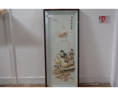 A Chinese relief panel, of shells and other materials, modelled as two figures in a boat, framed under glass (losses). 106cm 