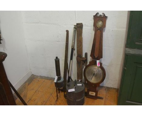 A group of instruments including a 19th century mahogany banjo barometer by Arzoni, Canterbury (losses); a copper cylinder on