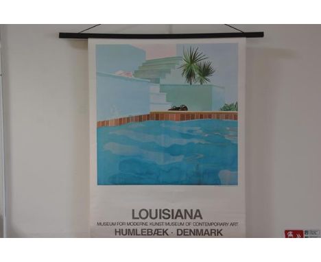 After David Hockney (b. 1937), a lithograph exhibition poster "Louisiana, Museum for Moderne Kunst, Humlebaek, Denmark" illus