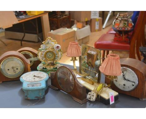 A group of vintage clocks including a Smiths Enfield painted metal wall clock; a 1940's twin-light mirrored dressing table cl