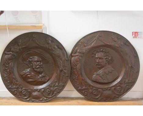 A pair of unusually large commemorative patinated metal roundels, one in relief with an image of Rubens, the other Van Dyck. 