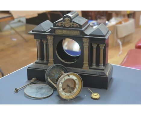 A Victorian slate mantel clock of architectural form (losses)