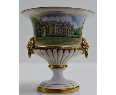 A 5¾" SPODE PORCELAIN LIMITED EDITION COMMEMORATIVE URN SHAPED VASE WITH DOUBLE LION MASK HANDLES - TO COMMEMORATE THE GOLDEN