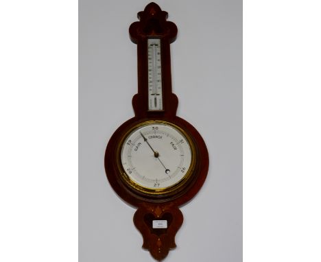 A 33½" EDWARDIAN INLAID MAHOGANY COMBINATION BAROMETER THERMOMETER     