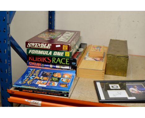 3 FIRST EDITION ANNUALS - FATHER TED, SOUTH PARK & GARFIELD, TOGETHER WITH VARIOUS BOARD GAMES & A BRASS FINISHED BOX     