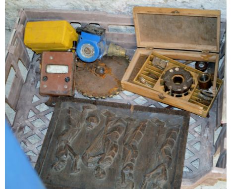 DECORATIVE WOODEN PANEL, VARIOUS TOOLS, OLD GAUGE ETC     