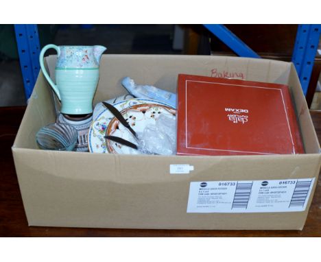 BOX CONTAINING QUANTITY VARIOUS TEA WARE, CAITHNESS GLASS VASE, CUTLERY, FIGURINE ORNAMENTS, ANIMAL ORNAMENTS, SHELLEY POTTER