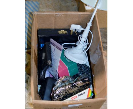 BOX CONTAINING TABLE LAMP, CUTLERY, VARIOUS PURSES ETC     