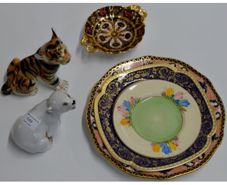 2 LOMONOSOV ANIMAL ORNAMENTS, ROYAL CROWN DERBY DISH, CLARICE CLIFF SAUCER & 2 OTHER DISHES     