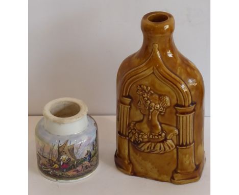 A tortoiseshell glaze stoneware flask decorated in relief with shoulder-length female portrait studies, 19cm high together wi