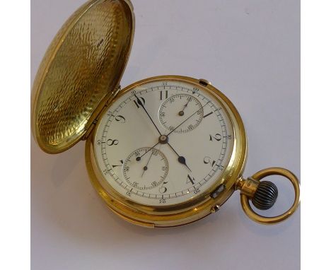 A very fine and rare gentleman's 18-carat yellow-gold cased full Hunter minute-repeating pocket watch, the white enamel dial 