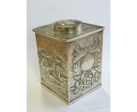 A George III period hallmarked Britannia standard silver (probably Irish) tea caddy with sliding lid above the main body deco