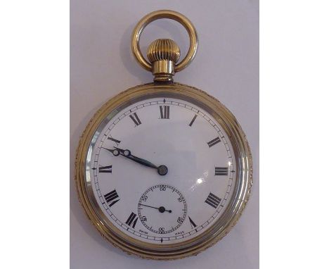A late-19th/early-20th century gold-plate-cased open-faced gentleman's pocket watch; white enamel dial with Roman numerals an