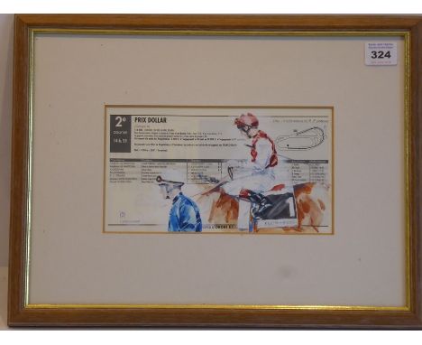 M*W*, a contemporary gouache on newspaper portrait, 'Flemensfirth, With Jockey Up At The Prix Dollar, Longchamp', monogrammed