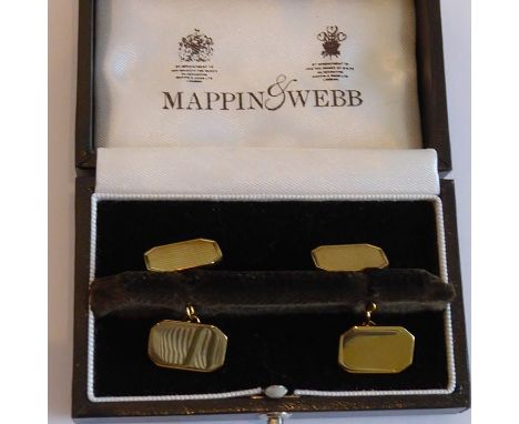 A pair of boxed 18-carat yellow-gold (marked 750) gentleman's rectangular cufflinks with canted corners and engine-turned dec