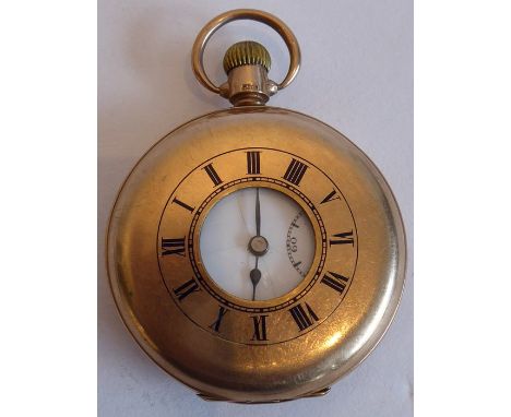 A gentleman's 9-carat rose-gold cased half Hunter pocket watch, white-enamel dial with Roman numerals and the subsidiary seco