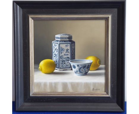 Anne Songhurst (b. 1946), an oil on artist's board still life study, 'Chinese Caddy with Lemons', signed lower-right, ebonise