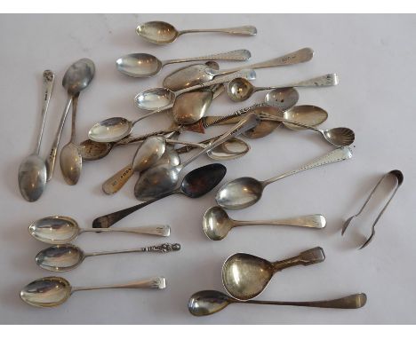 A varied selection of hallmarked silver tea spoons, sugar tongs and salt spoons etc., together with a Georgian silver caddy s