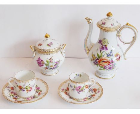 Being sold on behalf of Sue Ryder Care, a Dresden porcelain Cabaret coffee service comprising coffee pot and lid, two-handled