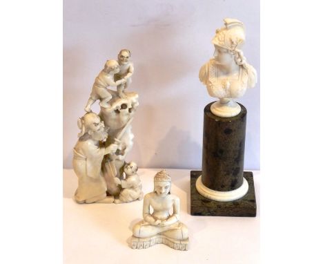 Three ivory groups to include: a Japanese Meiji period figural group - male figure with sword with attendant boy and fighting