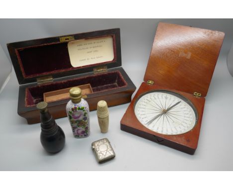 A mid 19th Century jewellery box, a 19th Century hand painted scent bottle, vesta case, a vintage vegetable ivory sewing case