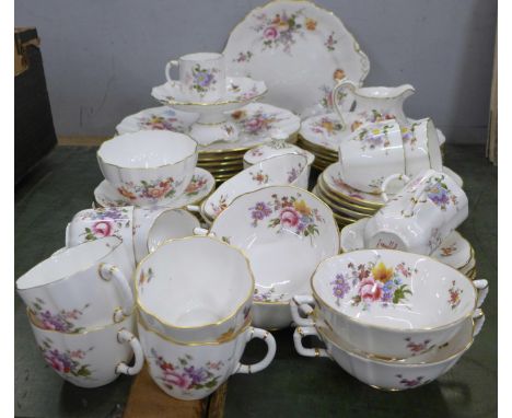 Fifty-five pieces of Crown Derby Derby Posies, a full set of soup bowls and saucers, six teacups, five saucers, four side pla