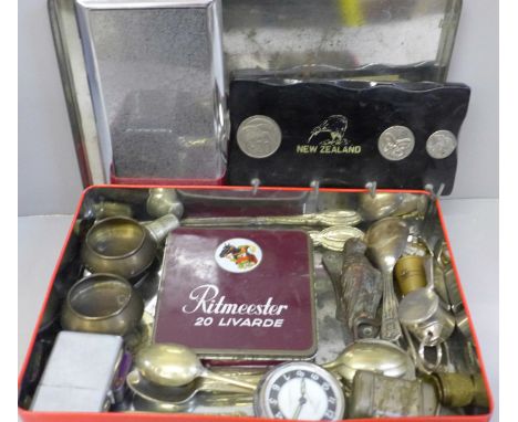 Assorted metalwares, coins, salts, door knocker, whistle, Ingersoll pocket watch, etc. 