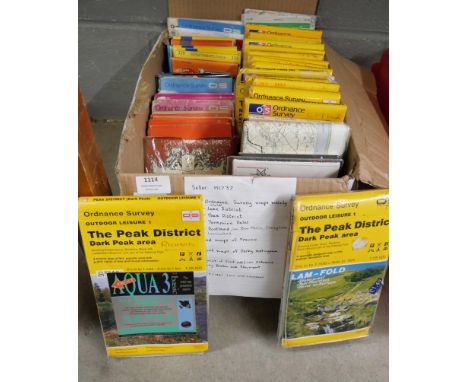 A box of Ordnance Survey maps for Wales, Lake District, Peak District, road maps of France, street maps of Nottingham and Der