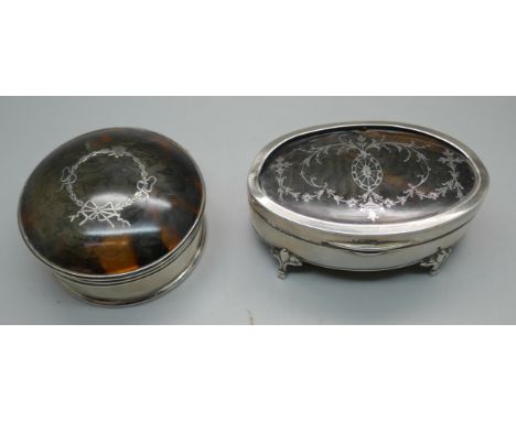 Two silver and tortoiseshell trinket boxes, a/f 