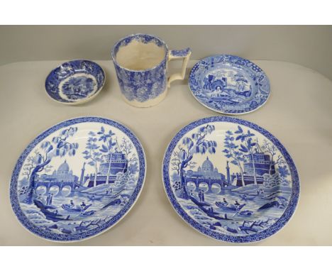 A pair of Spode blue and white plates, one other Spode blue and white plate, a dish with Egyptian scenes and a blue and white