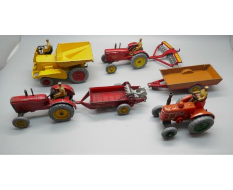 Four Dinky Toys, Muir-Hill Dumper, Massey Harris Tractor and Muck Sprayer, Massey Harris Tractor and Disc Harrow and a Field 