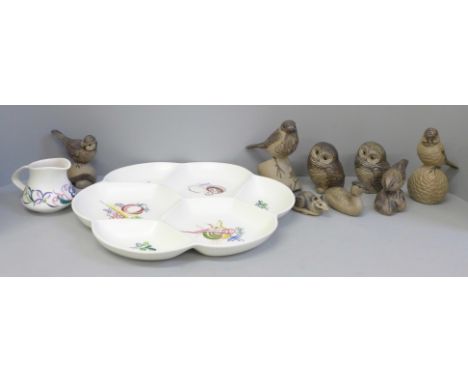 Eight Poole pottery animals; two owls, birds, mouse, etc., a large Poole hors d'oeuvres and milk jug, jug restored 