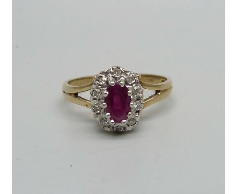 A 9ct gold, ruby and diamond cluster ring, 2.5g, M 