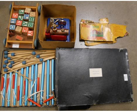 A Japanese Linemar Toys model steam engine, a Tri-ang wooden block pulley toy and a Boys Brigade Tubular Bells instrument **P