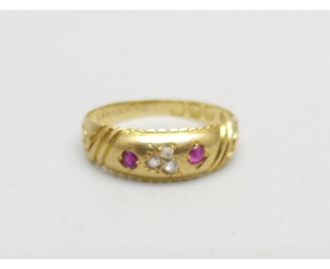 An antique 18ct gold, ruby and diamond ring, 1.8g, L 