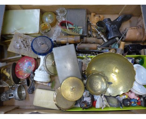 Assorted items; corkscrews, trinket boxes, compacts, hole punch, spirit labels, compass, etc. 